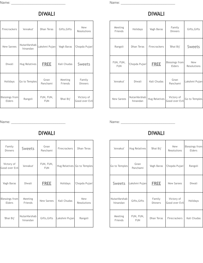 DIWALI Bingo Cards