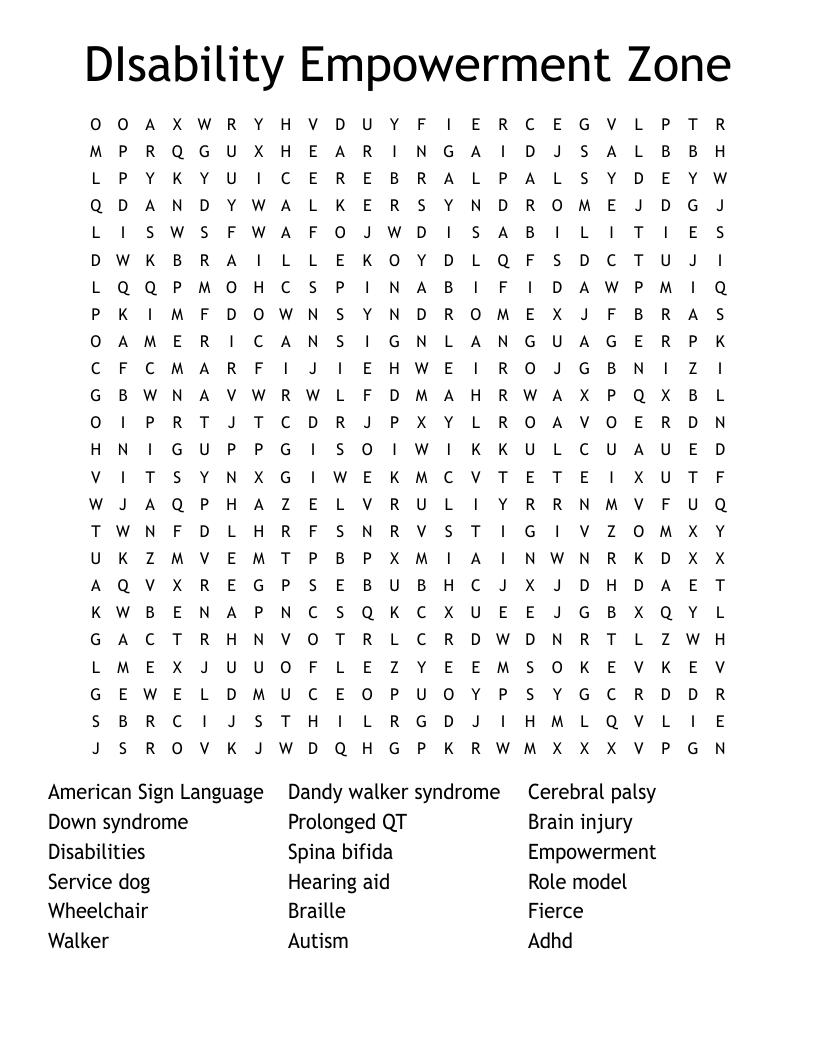 DIsability Empowerment Zone Word Search
