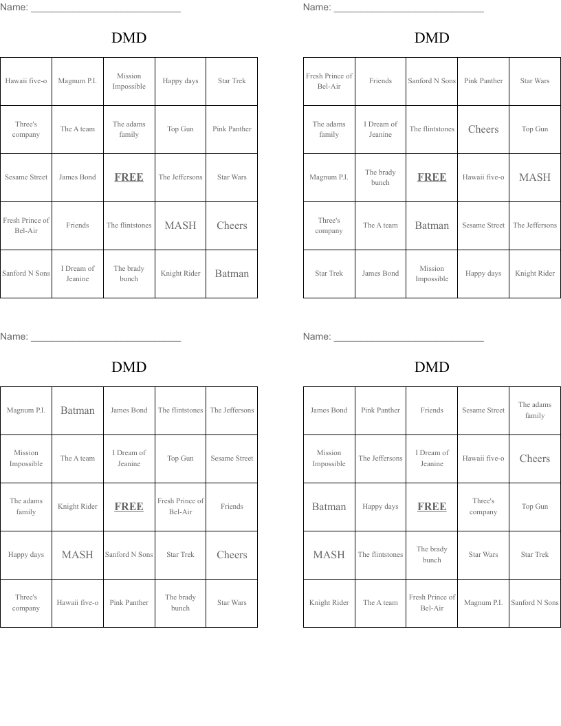 DMD Bingo Cards