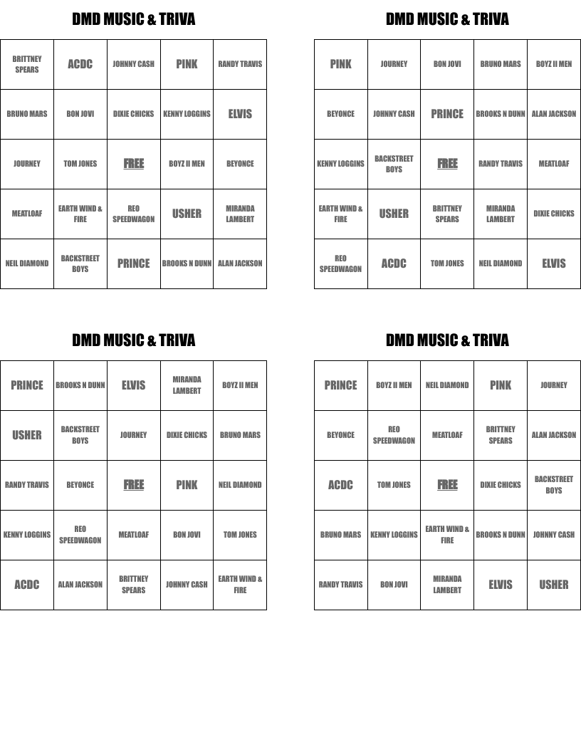 DMD MUSIC & TRIVA Bingo Cards