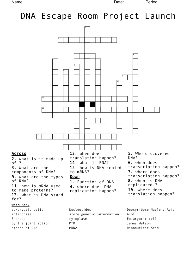 DNA Escape Room Project Launch Crossword