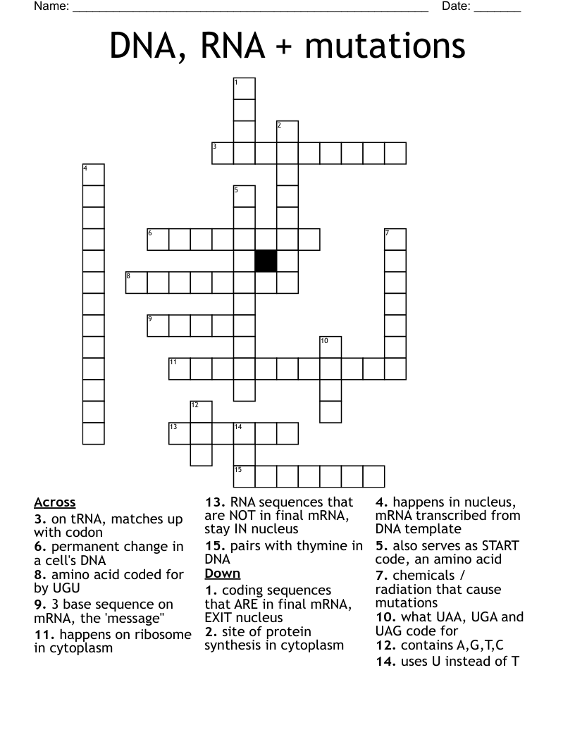 DNA, RNA + mutations Crossword