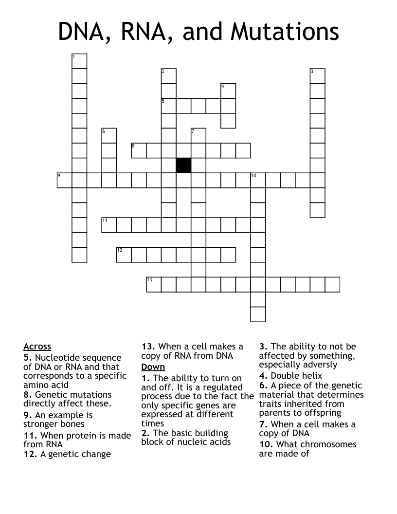 DNA, RNA, and Mutations Crossword