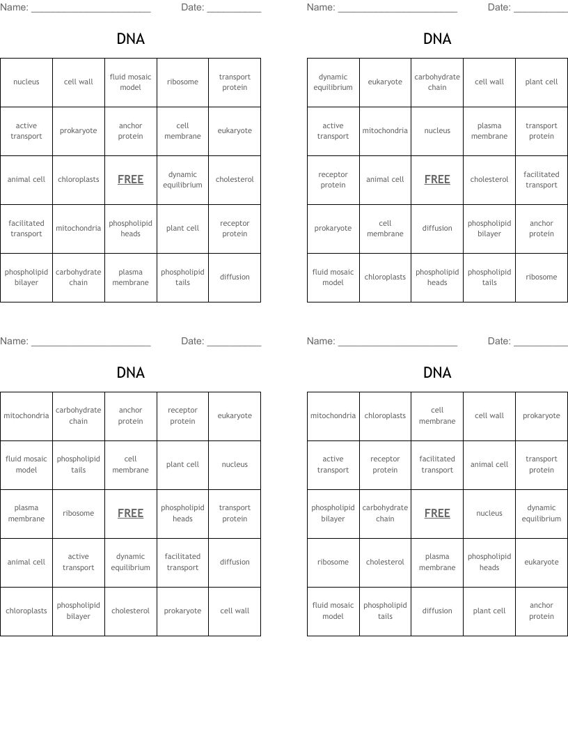 DNA  Bingo Cards