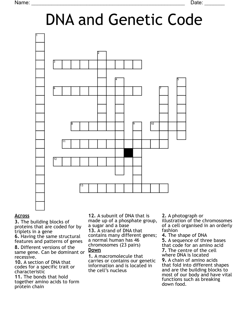 DNA and Genetic Code Crossword