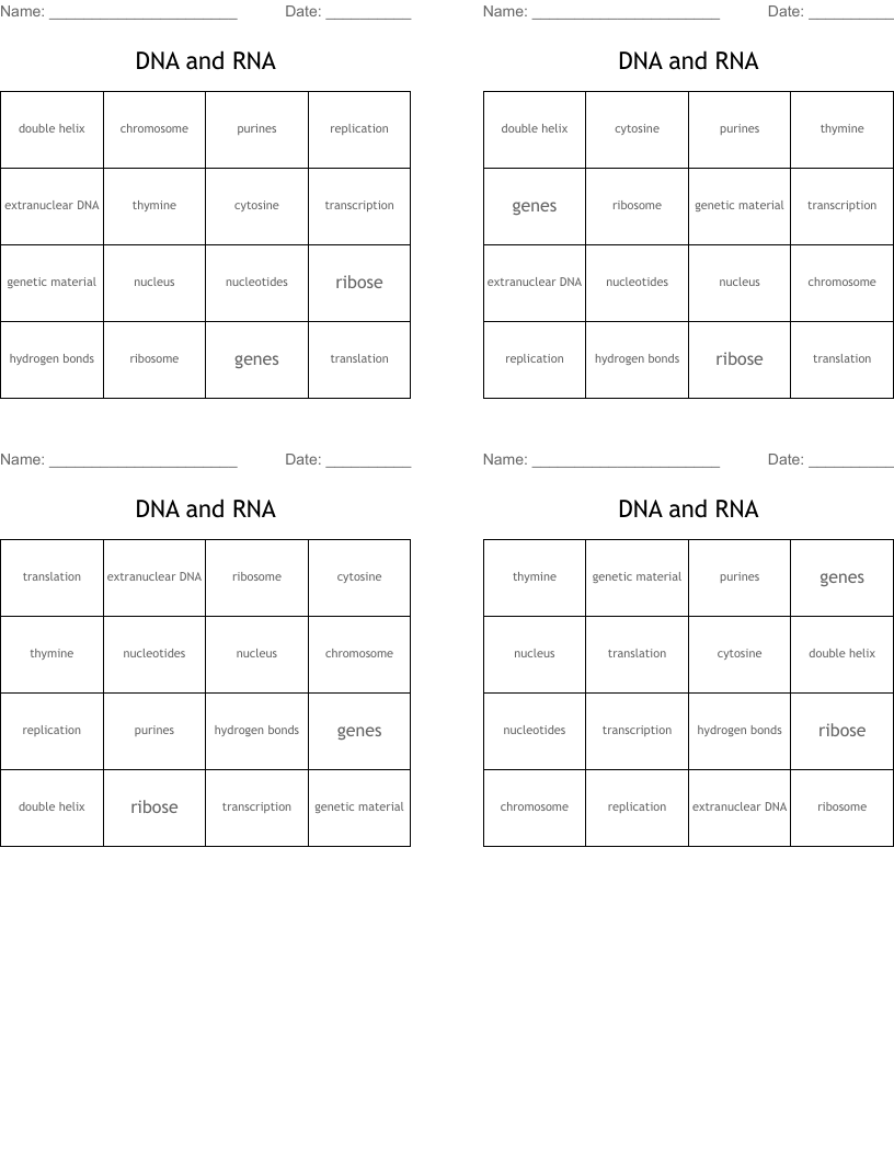 DNA and RNA Bingo Cards