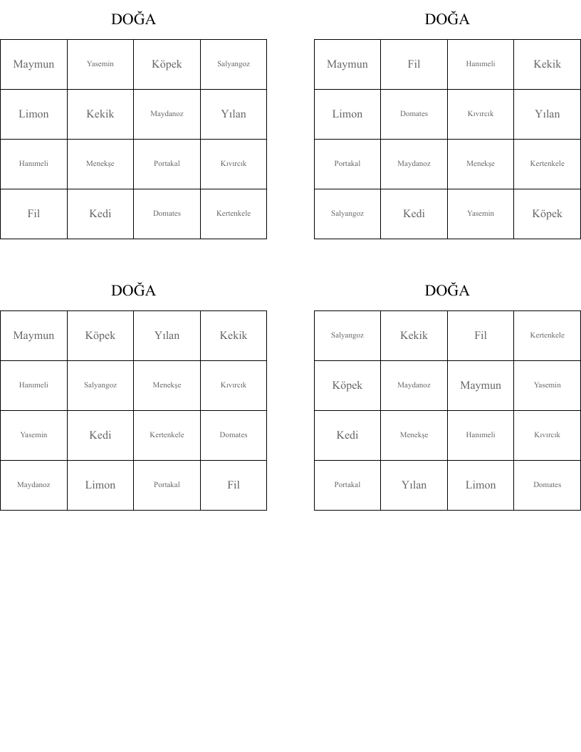 DOĞA Bingo Cards