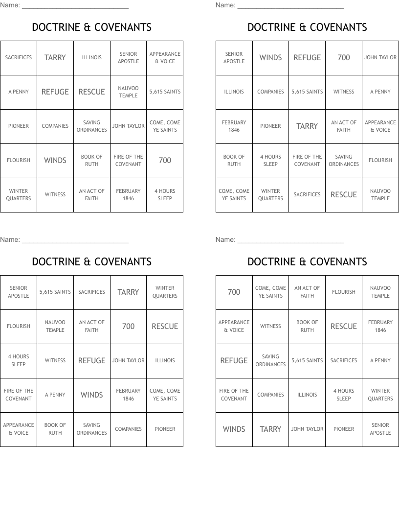 DOCTRINE & COVENANTS Bingo Cards