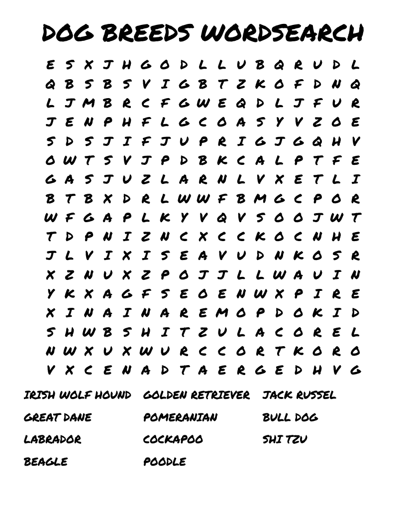 DOG BREEDS WORDSEARCH