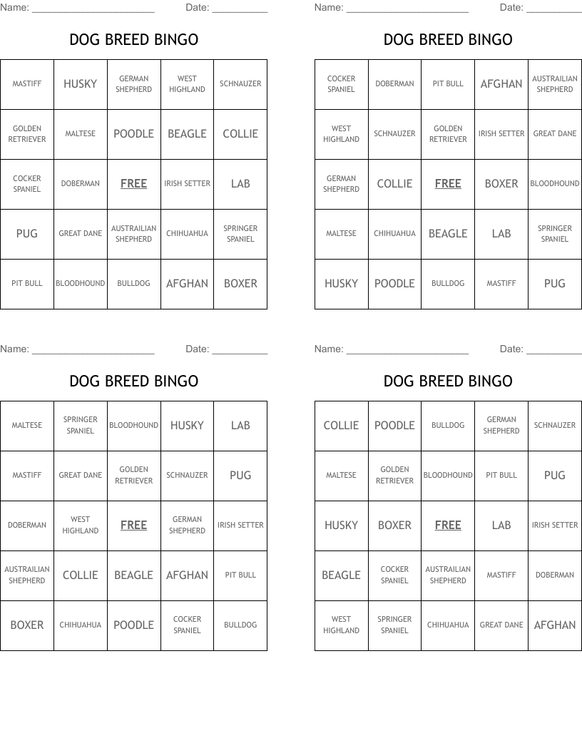 DOG BREED BINGO