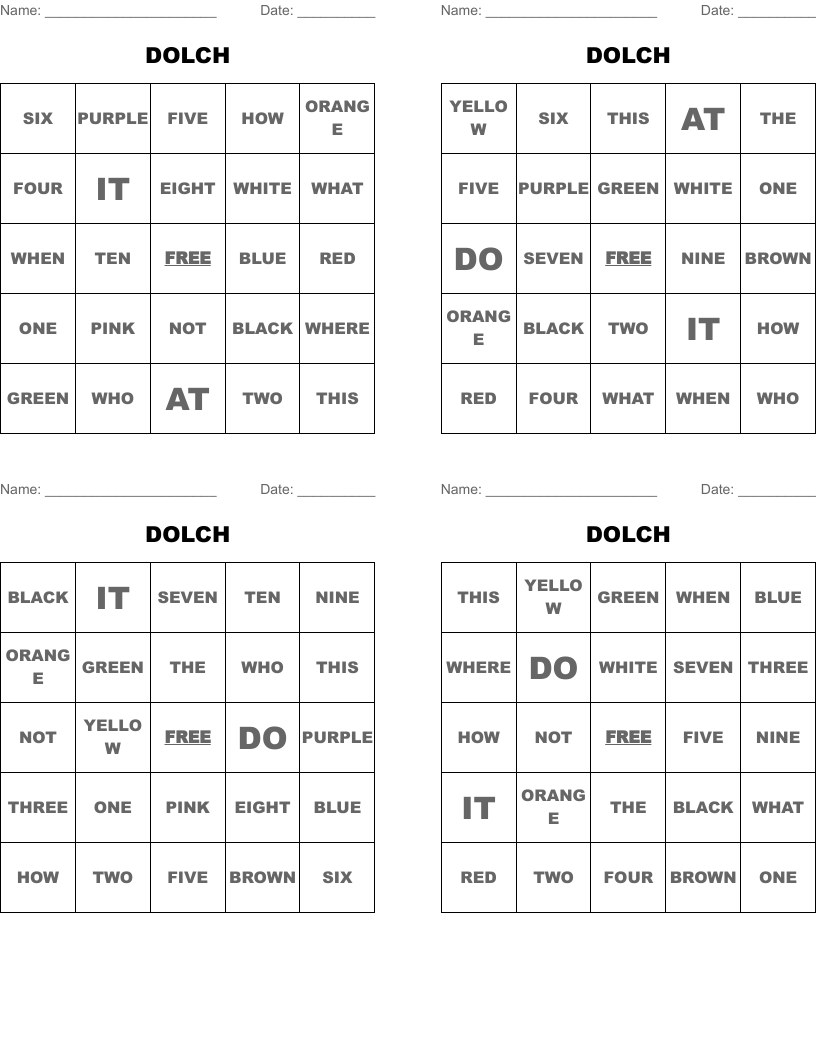 DOLCH Bingo Cards