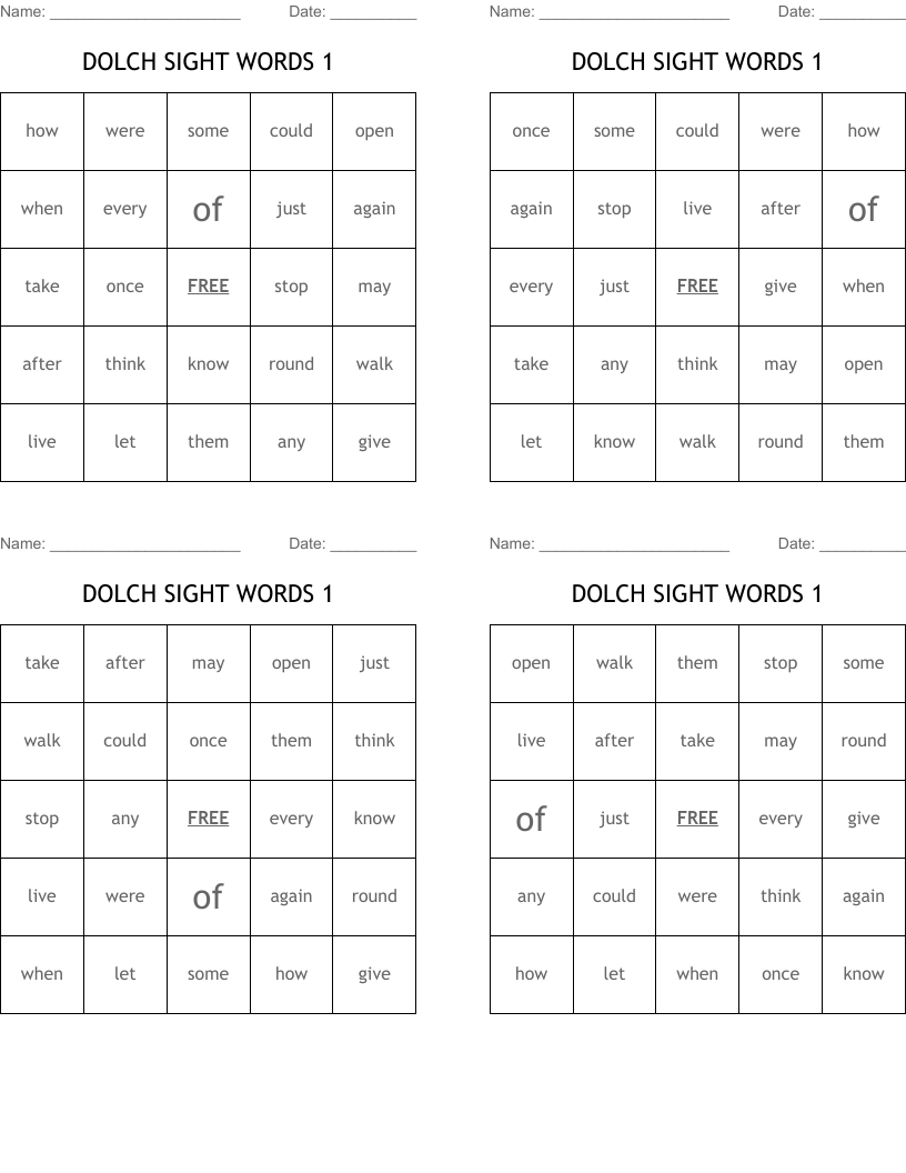 DOLCH SIGHT WORDS 1 Bingo Cards
