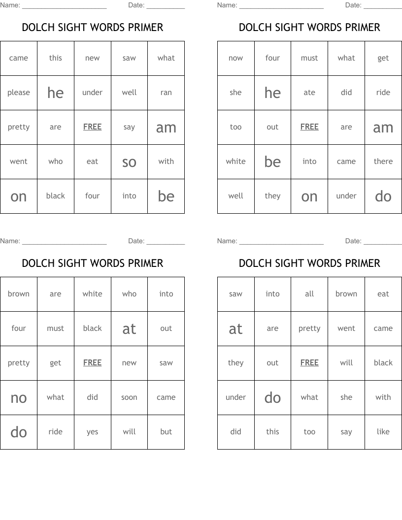DOLCH SIGHT WORDS PRIMER Bingo Cards