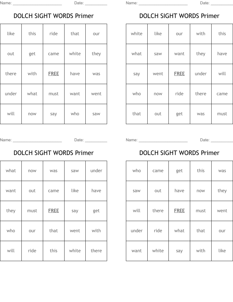 DOLCH SIGHT WORDS Primer  Bingo Cards
