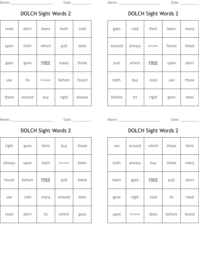 DOLCH Sight Words 2 Bingo Cards