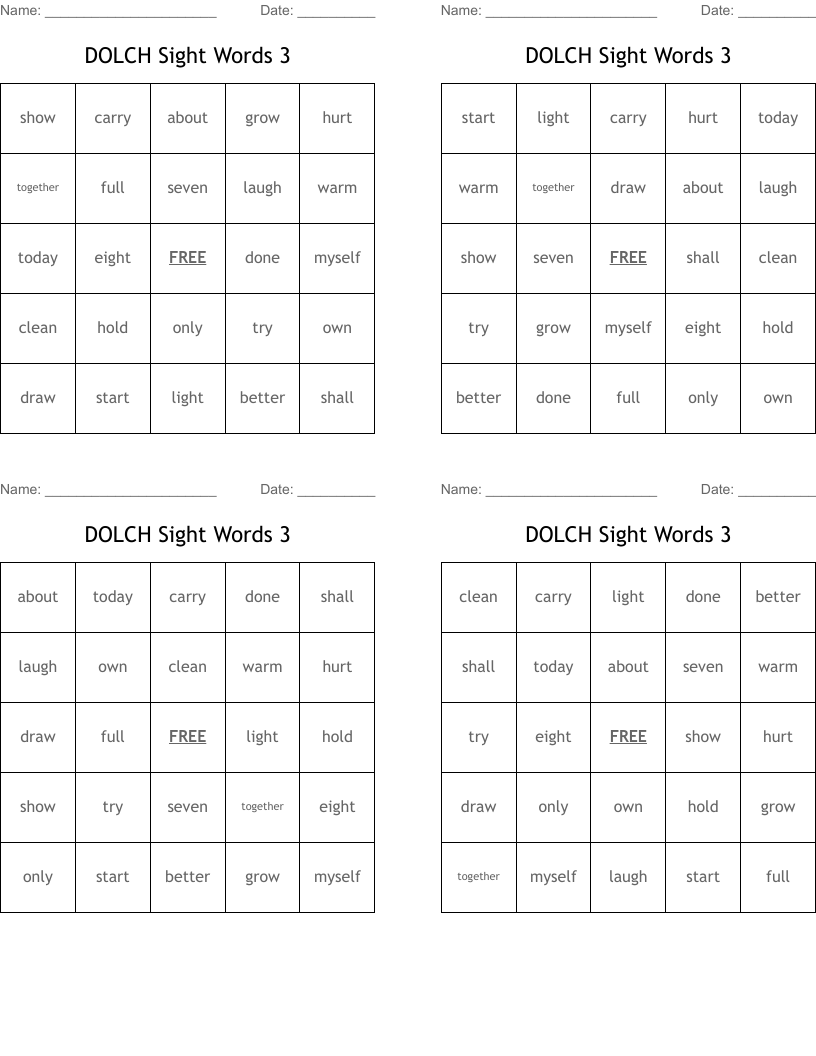 DOLCH Sight Words 3 Bingo Cards