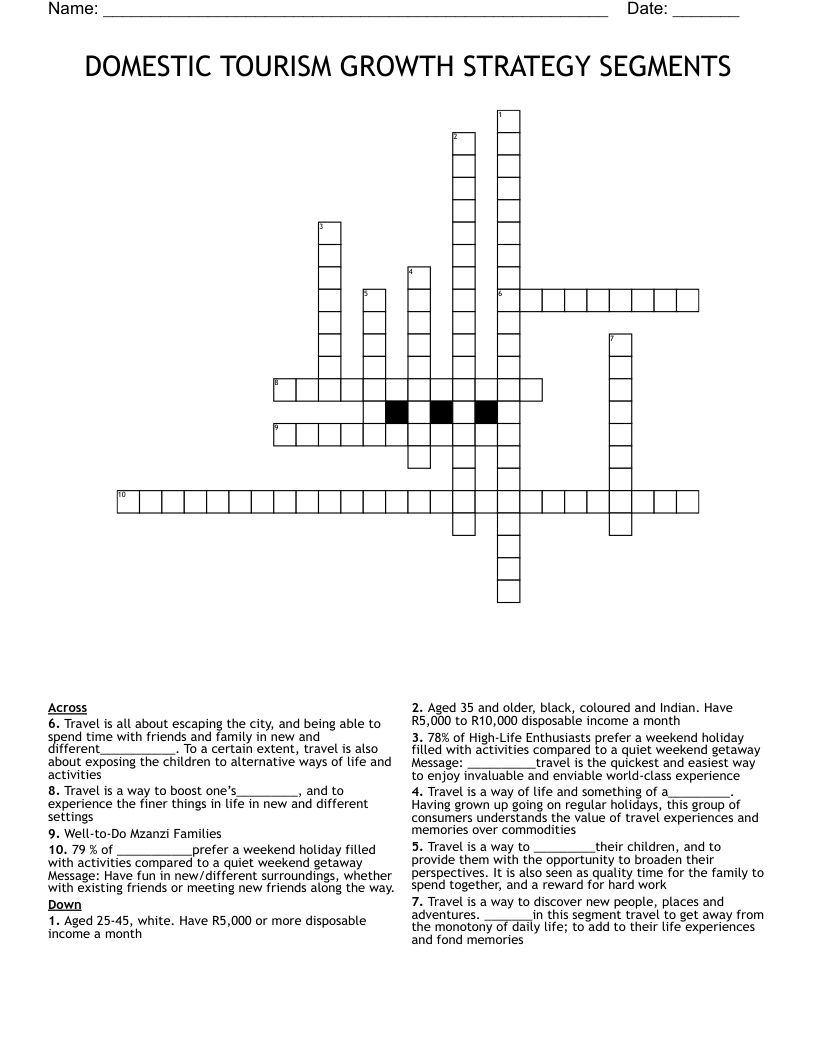 DOMESTIC TOURISM GROWTH STRATEGY SEGMENTS Crossword