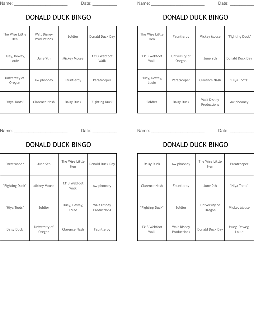 DONALD DUCK BINGO