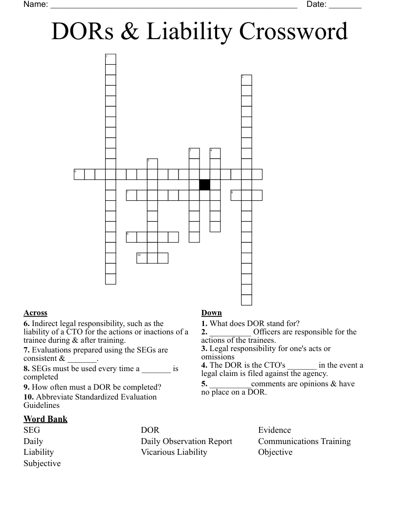 DORs & Liability Crossword
