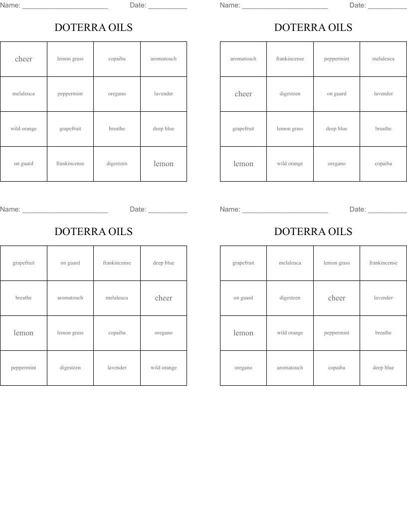 DOTERRA OILS Bingo Cards