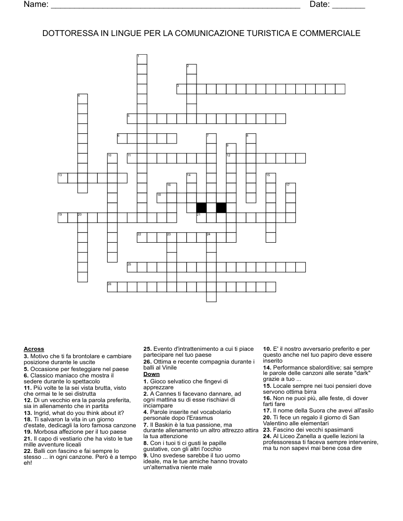 DOTTORESSA IN LINGUE PER LA COMUNICAZIONE TURISTICA E COMMERCIALE Crossword
