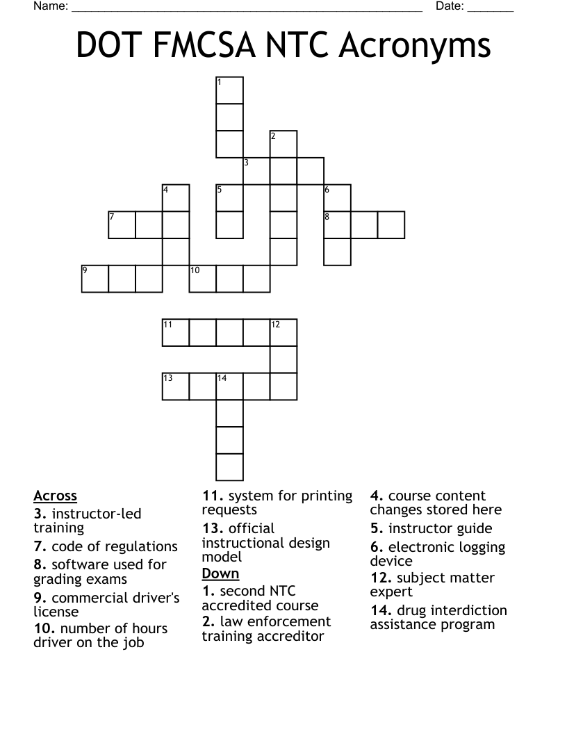 DOT FMCSA NTC Acronyms Crossword