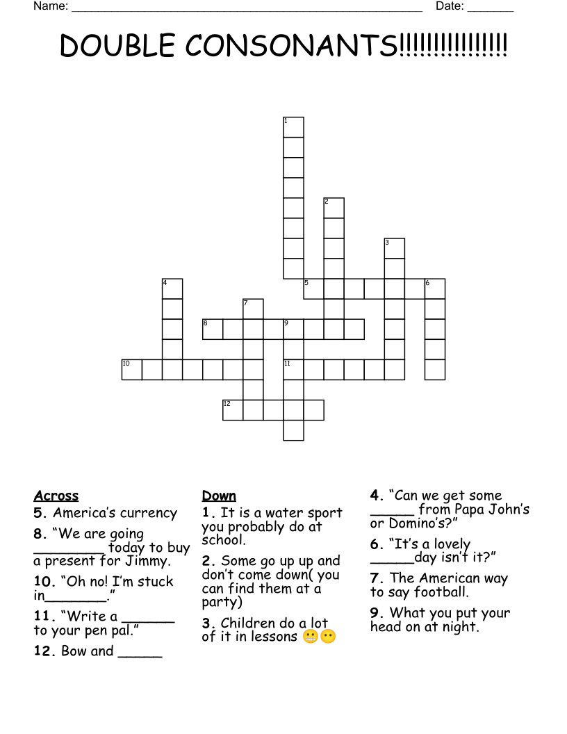 DOUBLE CONSONANTS!!!!!!!!!!!!!!!! Crossword