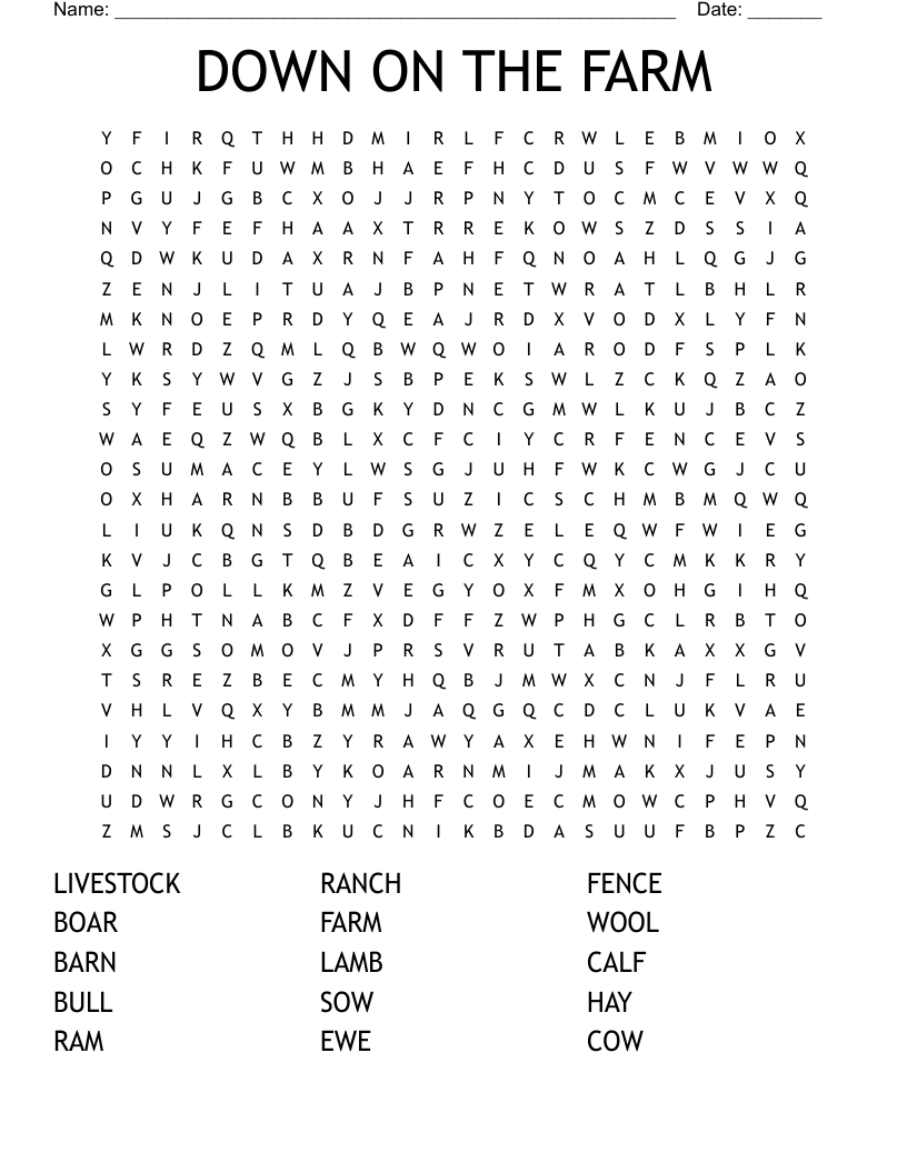 DOWN ON THE FARM Word Search