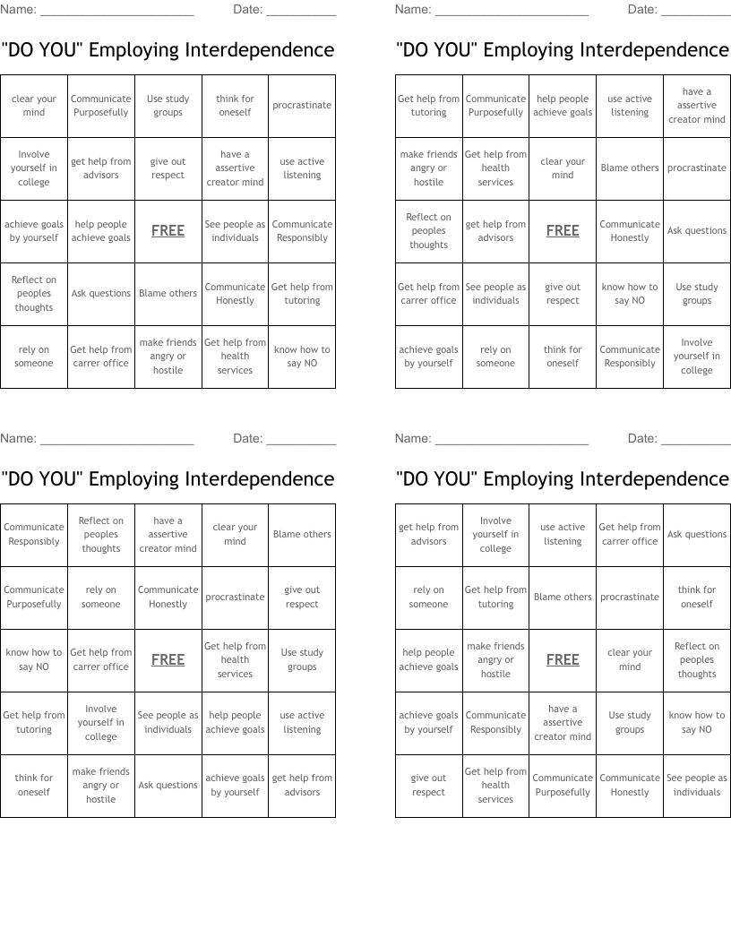 "DO YOU" Employing  Interdependence  Bingo Cards