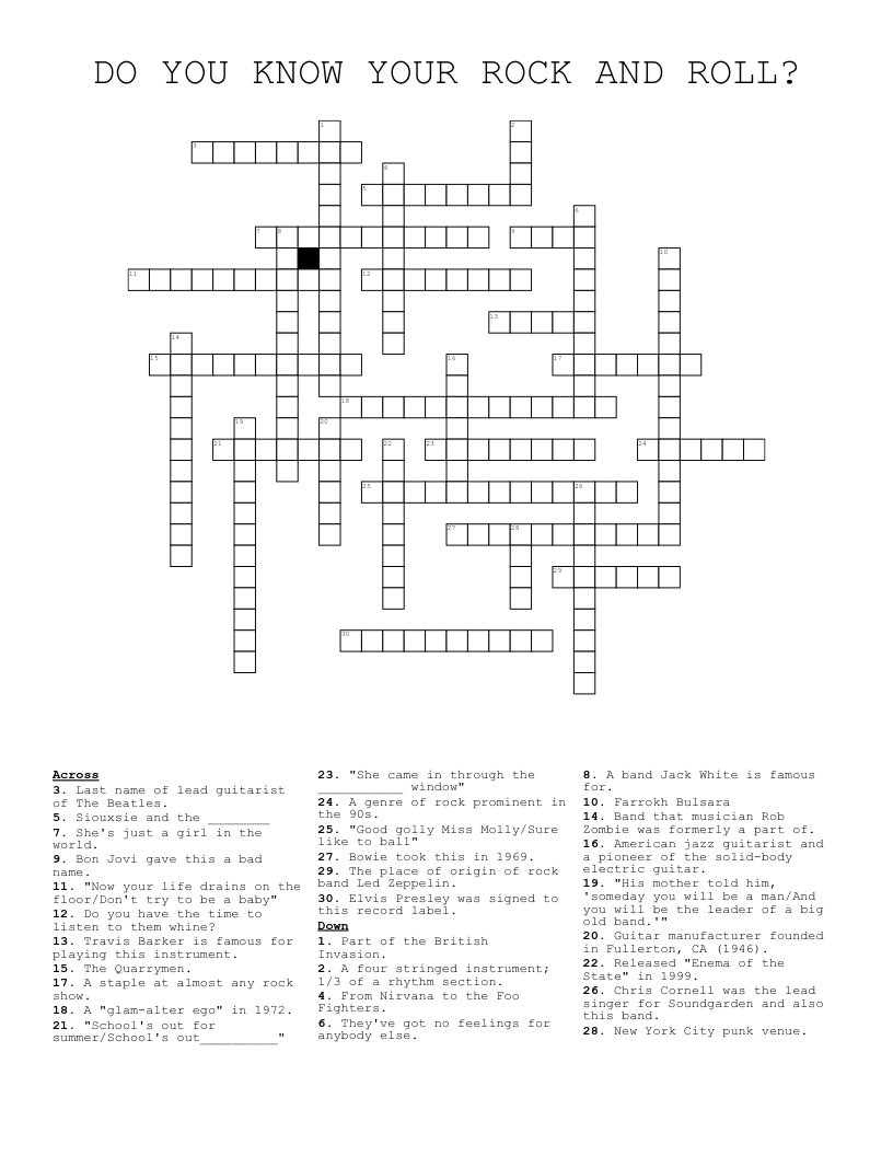 DO YOU KNOW YOUR ROCK AND ROLL? Crossword