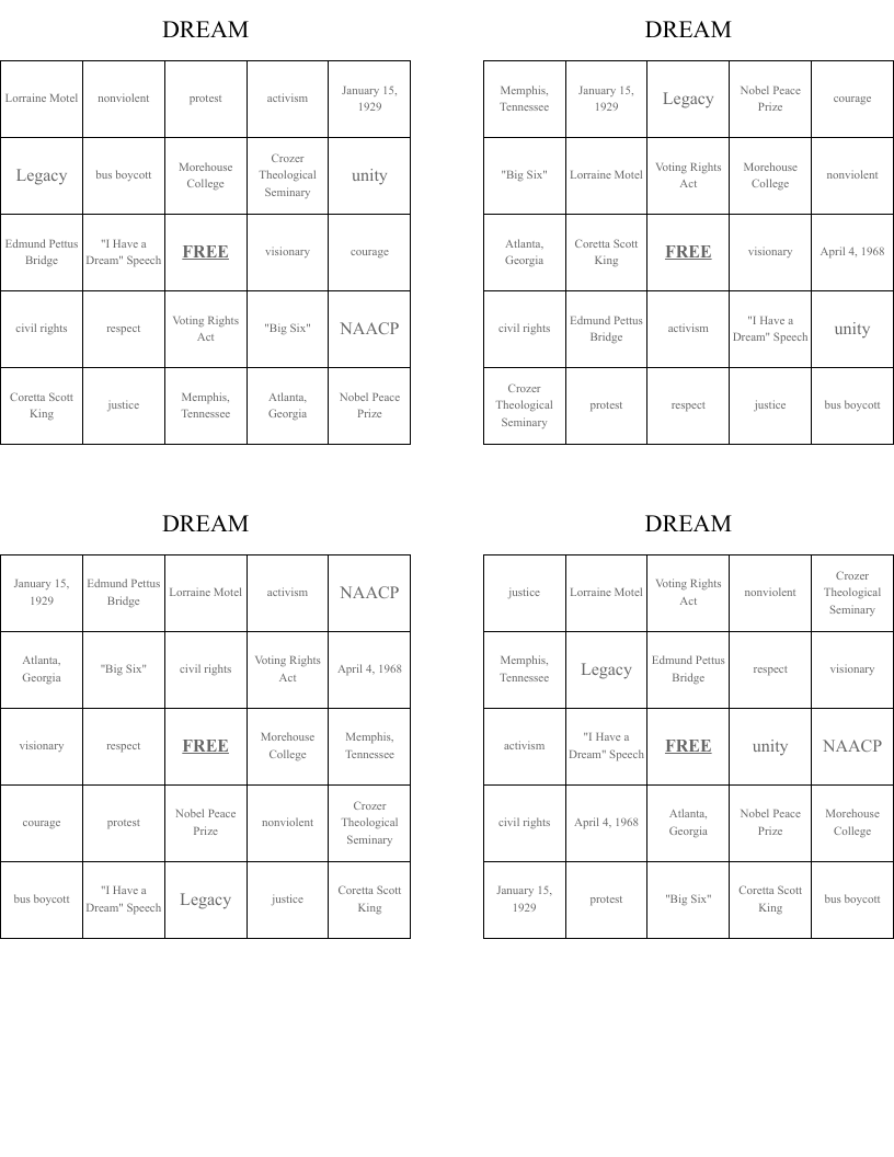 DREAM Bingo Cards