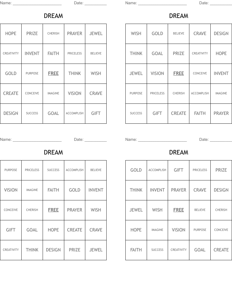 DREAM Bingo Cards