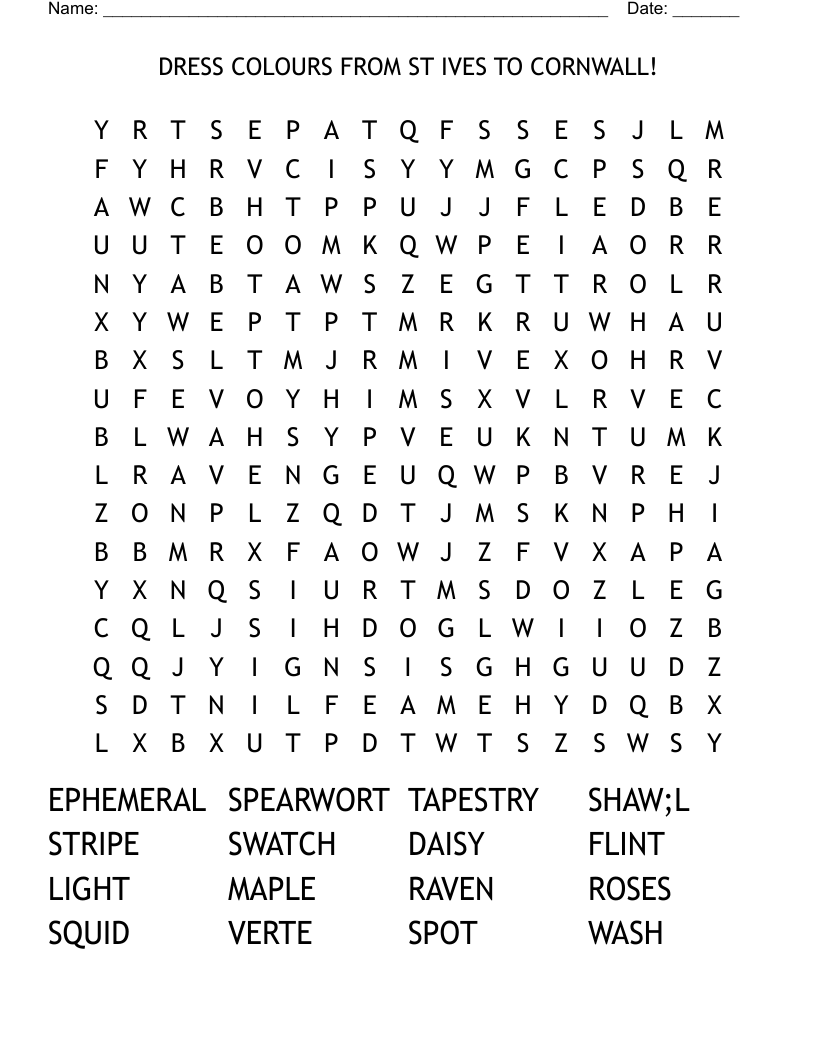 DRESS COLOURS FROM ST IVES TO CORNWALL!                     Word Search