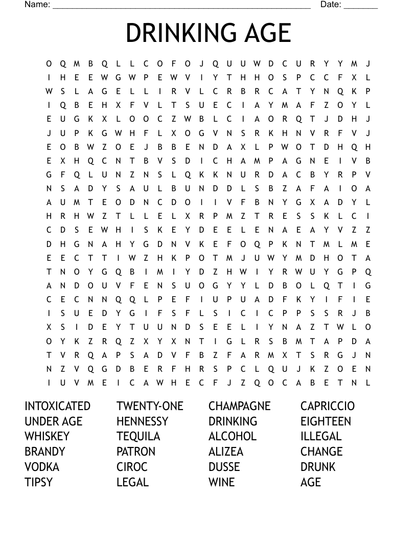 DRINKING AGE Word Search