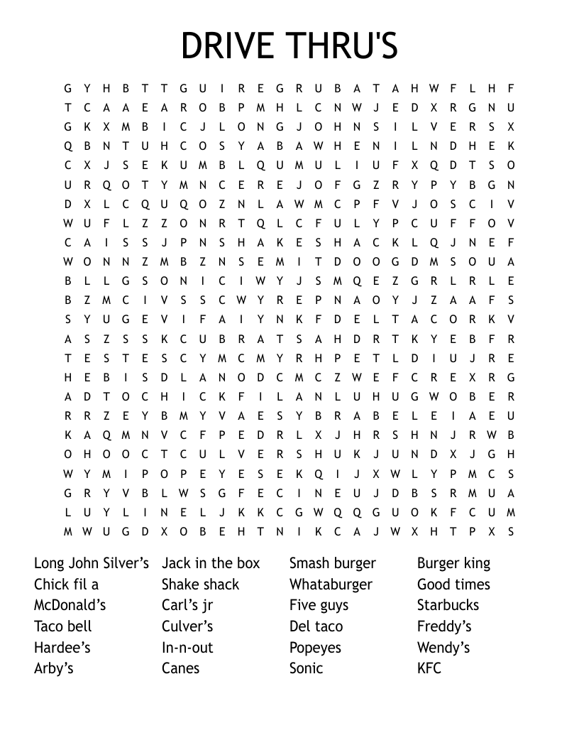 DRIVE THRU'S Word Search