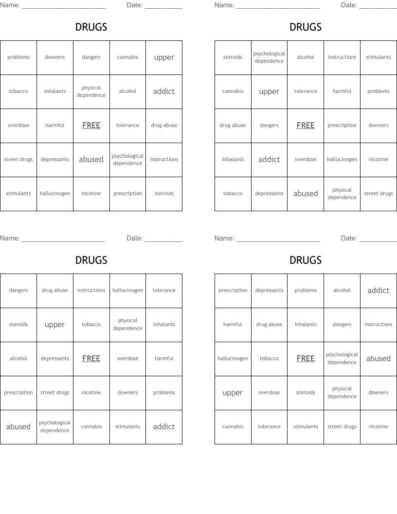 DRUGS Bingo Cards
