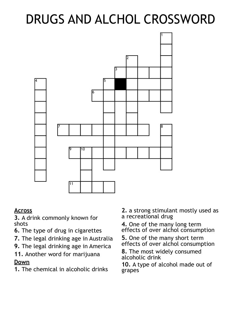 DRUGS AND ALCHOL CROSSWORD
