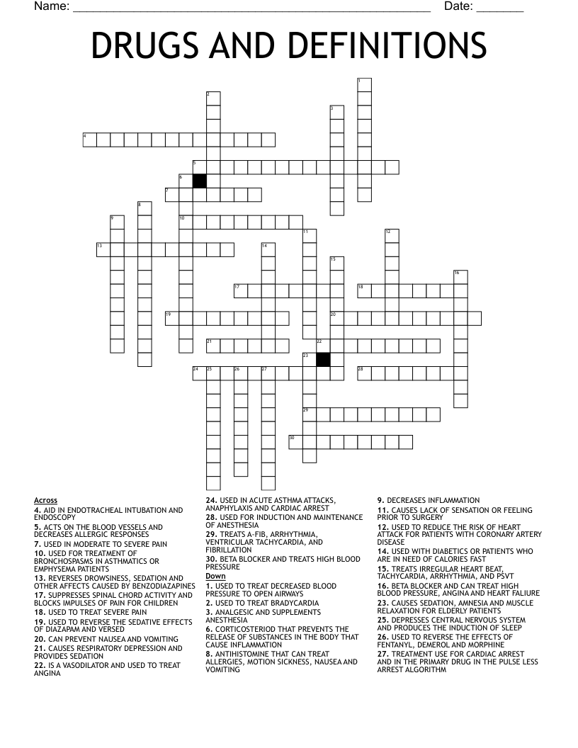 DRUGS AND DEFINITIONS Crossword