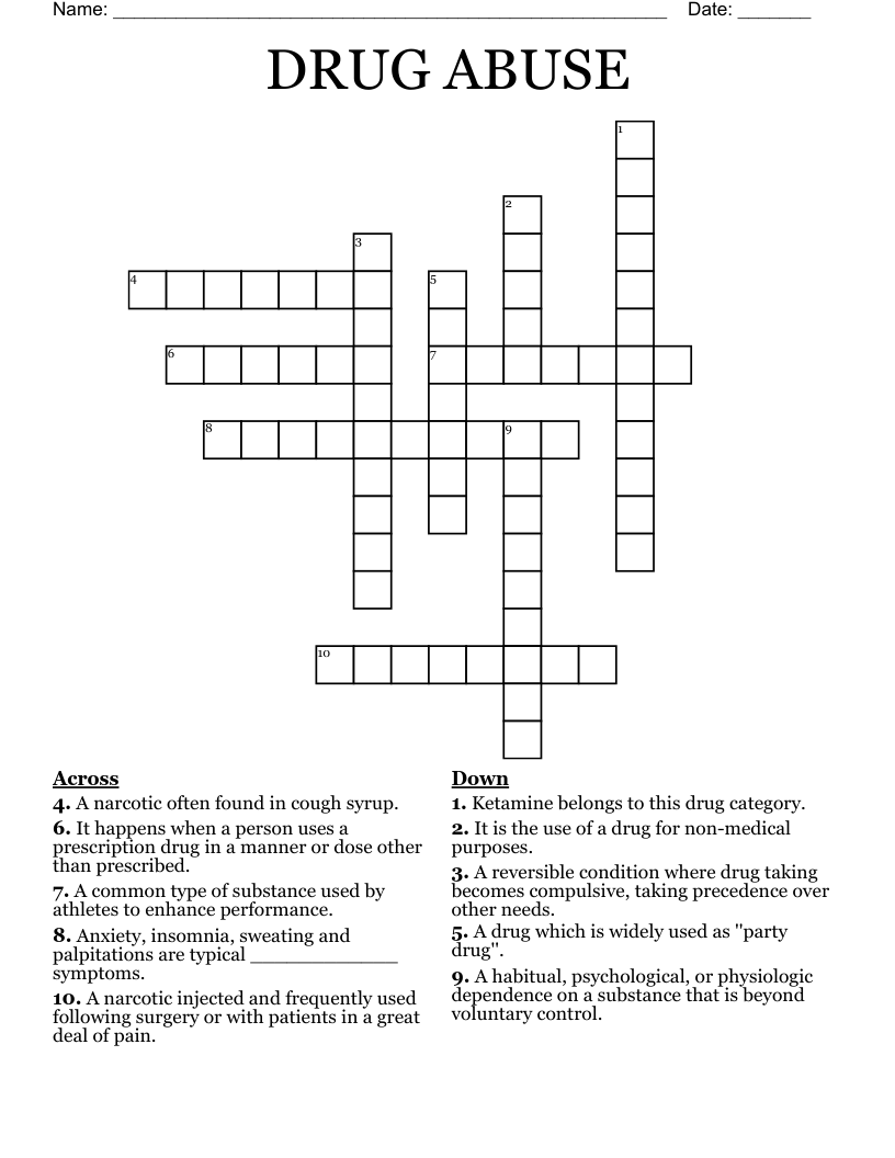 DRUG ABUSE Crossword