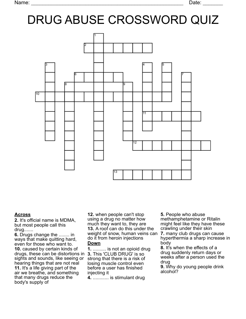 DRUG ABUSE CROSSWORD QUIZ 