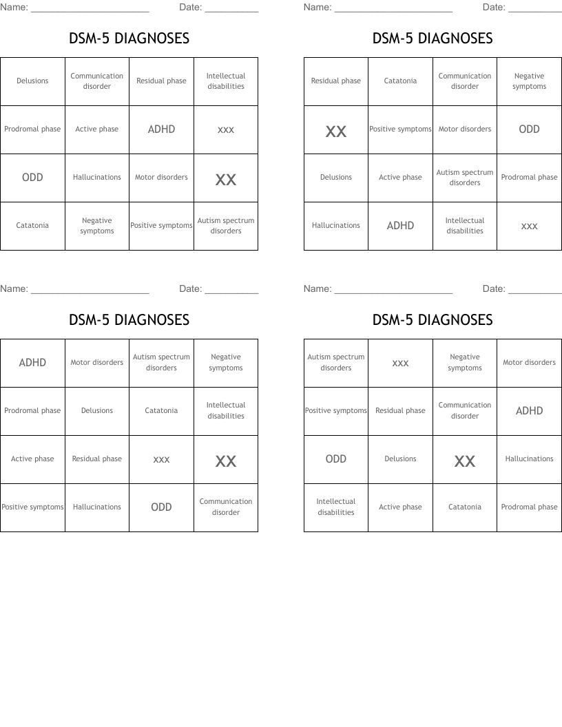 DSM-5 DIAGNOSES Bingo Cards