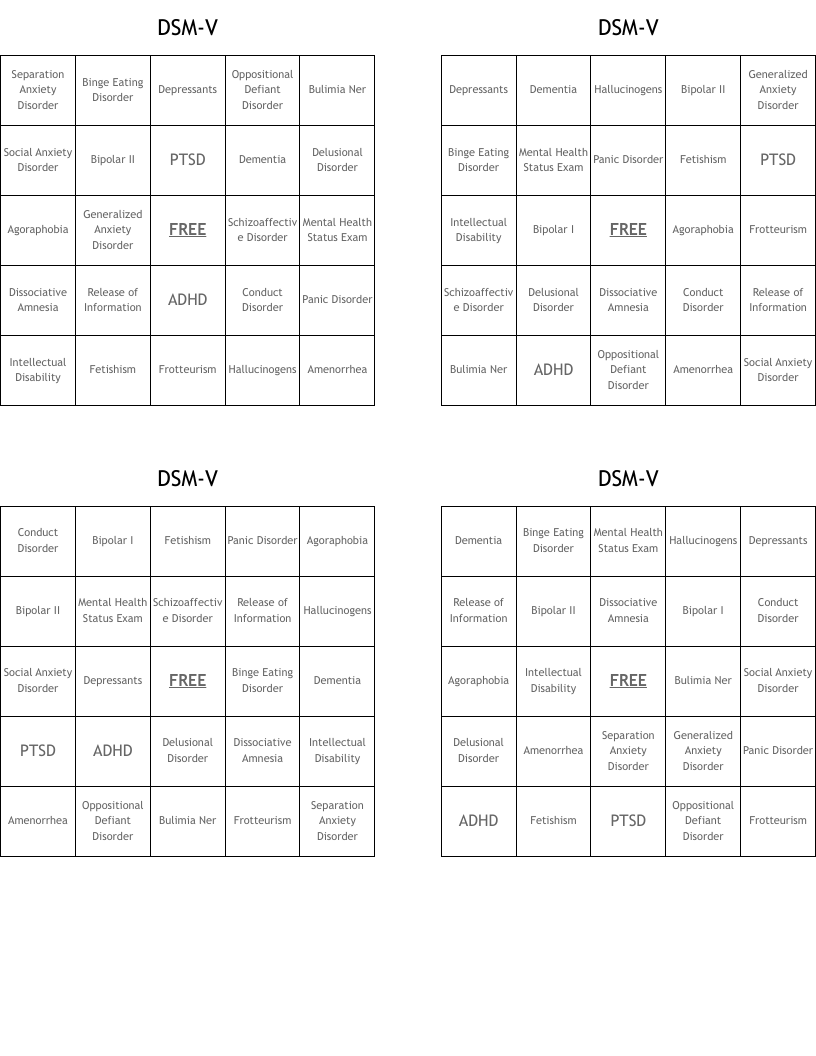 DSM-V Bingo Cards