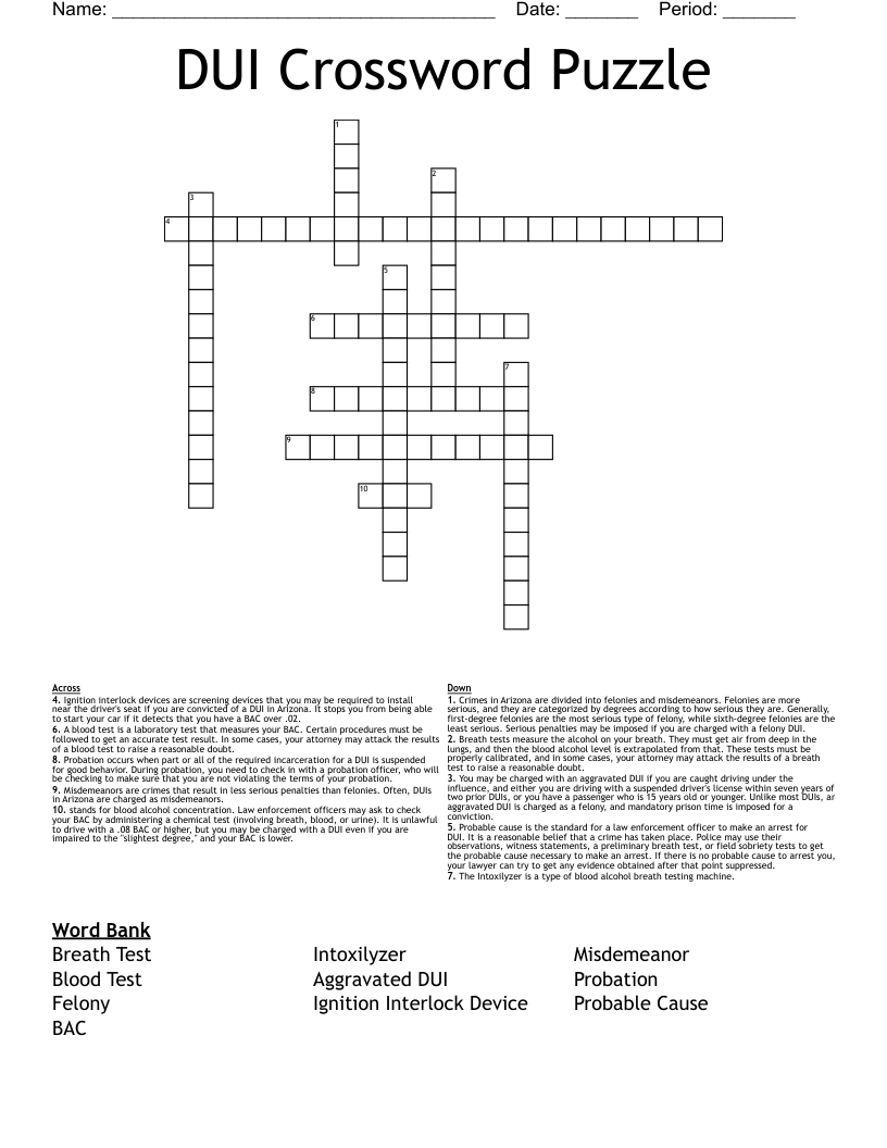 DUI Crossword Puzzle 