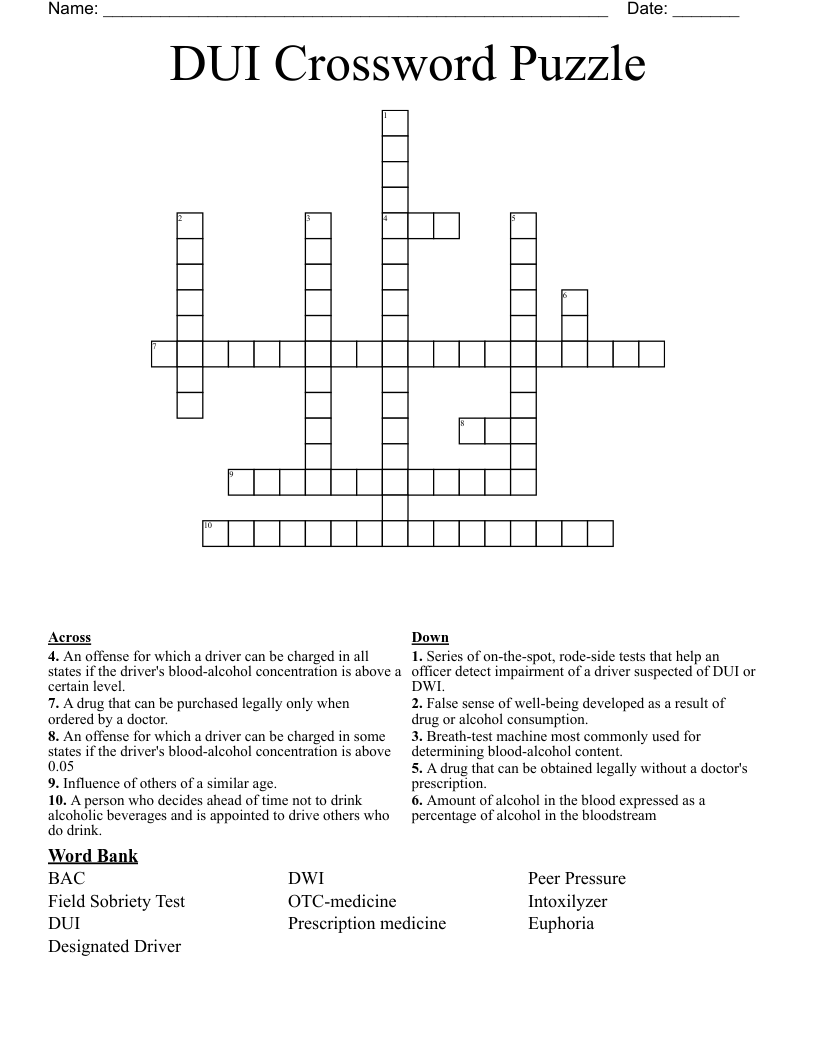 DUI   Crossword Puzzle