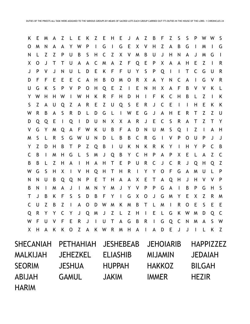 DUTIES OF THE PRIESTS ALL TASK WERE ASSIGNED TO THE VARIOUS GROUPS BY MEANS OF SACRED LOTS EACH GROUP CARRIED OUT IT'S DUTIES IN THE HOUSE OF THE LORD. 1 CHRONICLES 24 Word Search