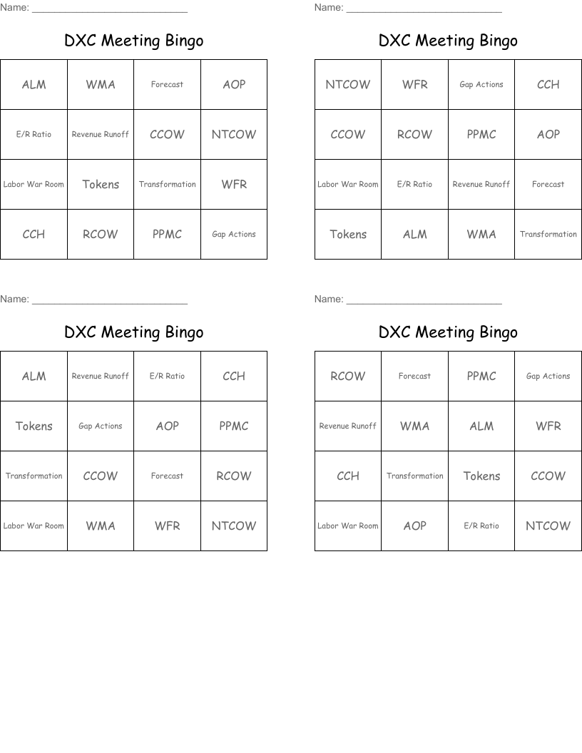 DXC Meeting Bingo