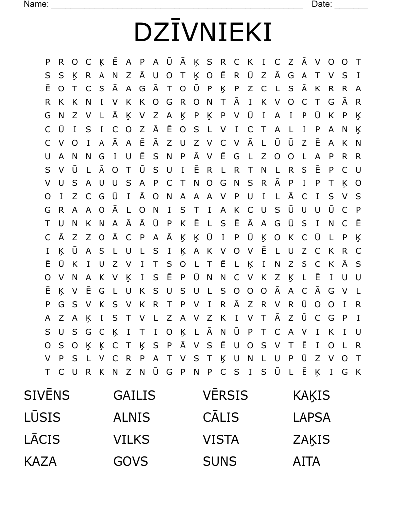 DZĪVNIEKI Word Search