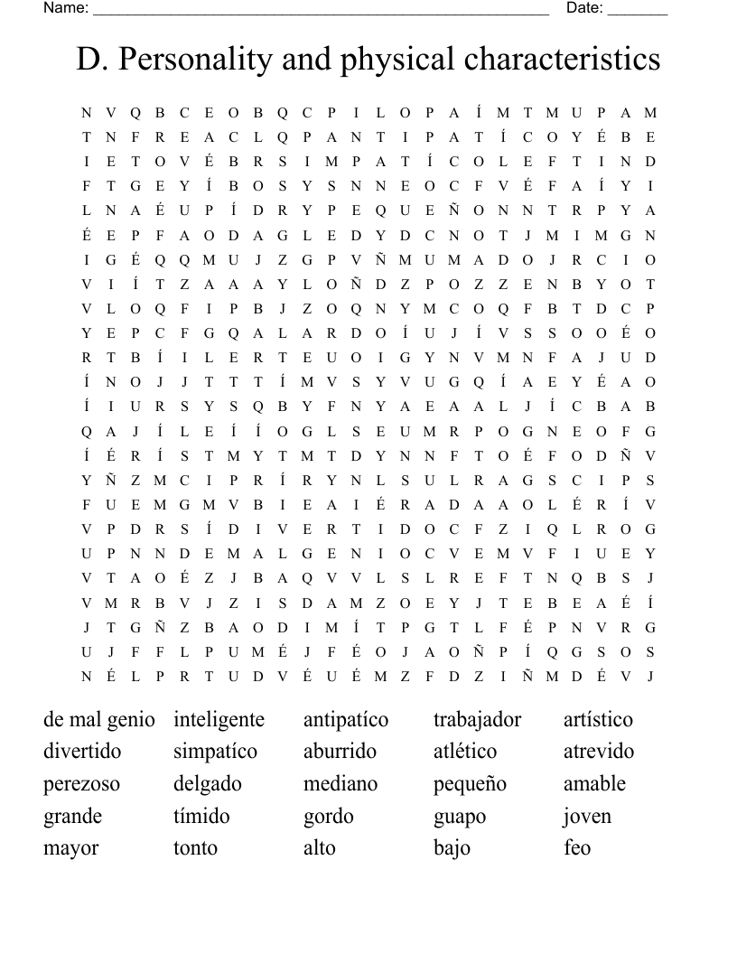 D. Personality and physical characteristics Word Search