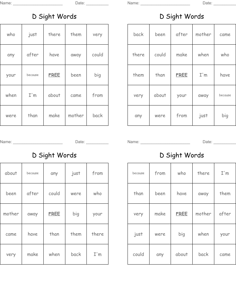 D Sight Words Bingo Cards