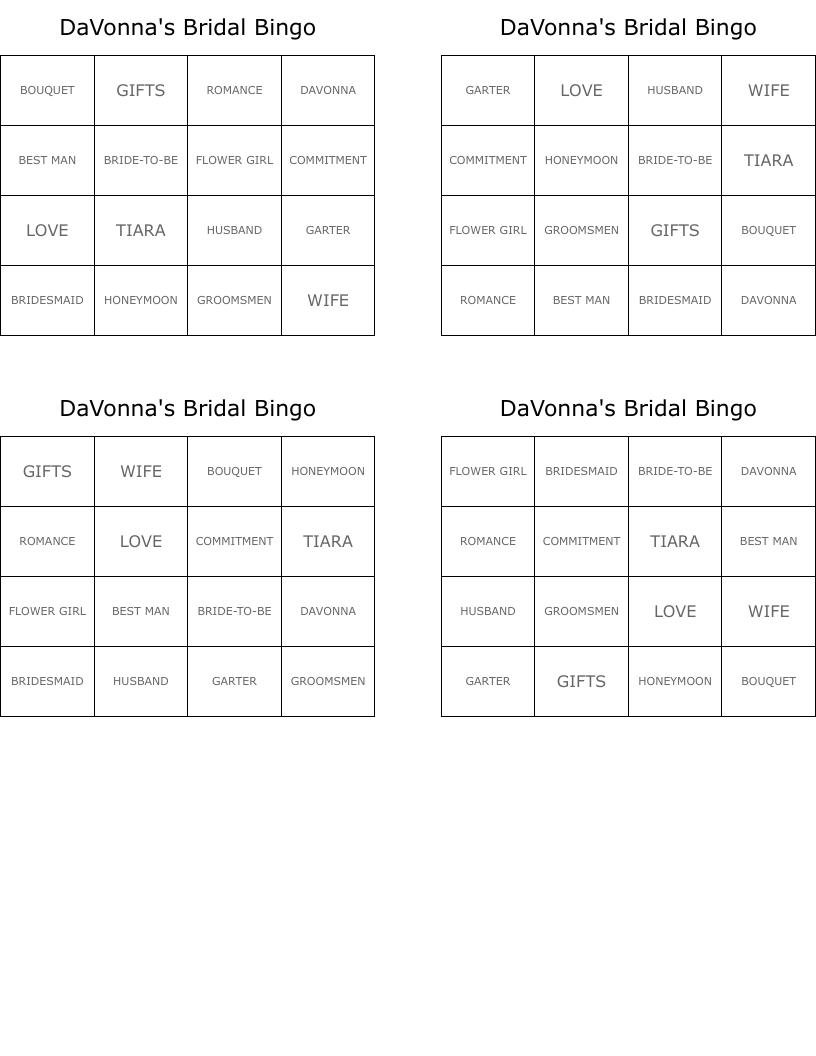 DaVonna's Bridal Bingo